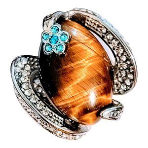 Natl Yellow Tigers Eye, Austrian Crystals Ring Size 10 Stainless Steel Gft Srg33